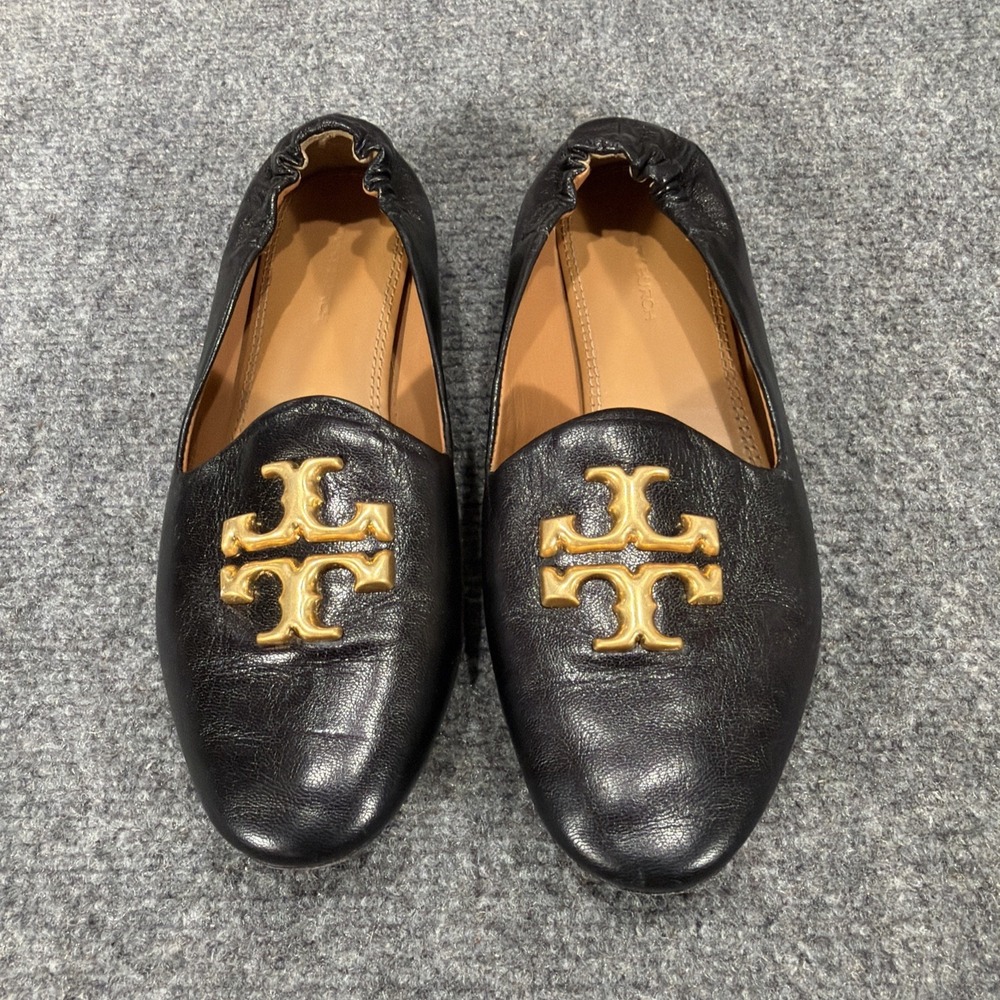Tory Burch Eleanor Loafers Womens 6M Black Leather Designer Double T Logo Flats